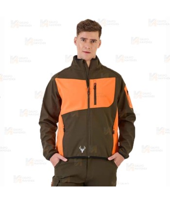 Cazadora softshell bicolor especial para caza o pesca color verde caza y naranja flúor