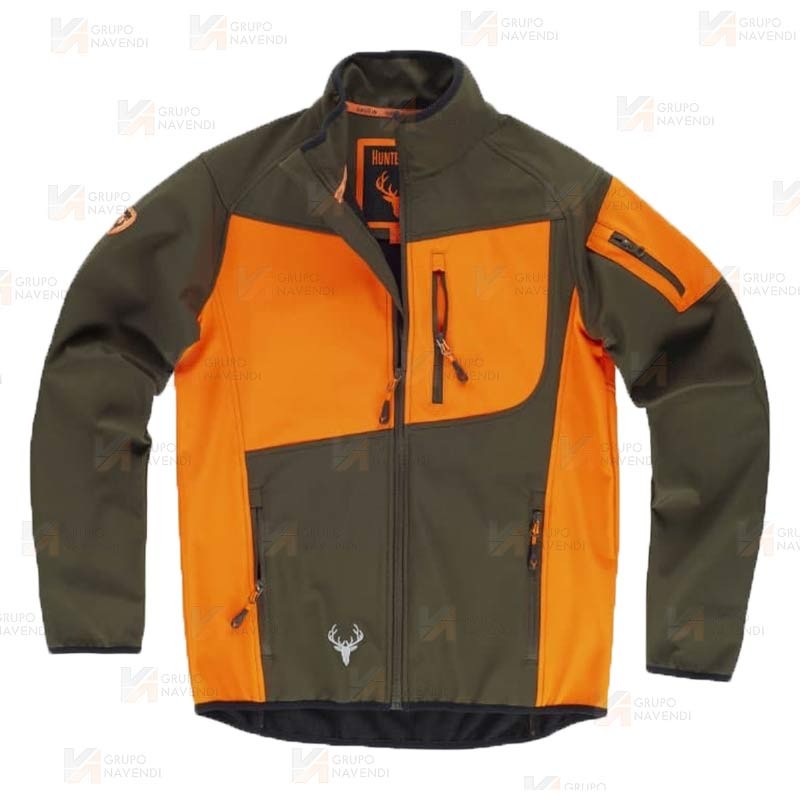 Cazadora softshell bicolor especial para caza o pesca color verde caza y naranja flúor