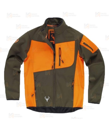 Cazadora softshell bicolor especial para caza o pesca color verde caza y naranja flúor