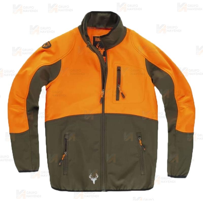 Cazadora softshell bicolor especial para caza o pesca color verde caza y naranja flúor