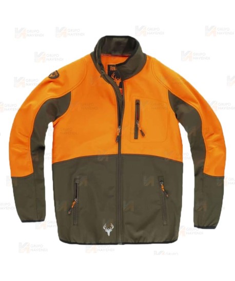 Cazadora softshell bicolor especial para caza o pesca color verde caza y naranja flúor