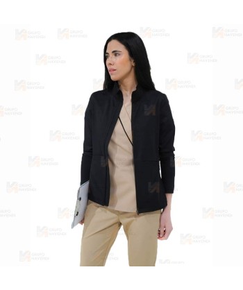 Chaqueta sanitaria de cuello alto en tejido de microfibra elástico para mujer, color negro