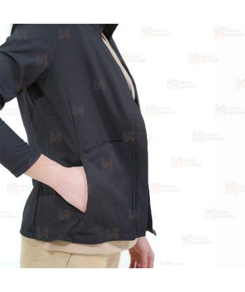 Chaqueta sanitaria de cuello alto en tejido de microfibra elástico para mujer, color negro