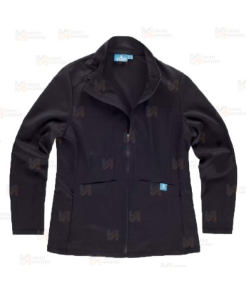 Chaqueta sanitaria de cuello alto en tejido de microfibra elástico para mujer, color negro