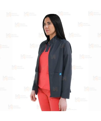Chaqueta sanitaria de cuello alto en tejido de microfibra elástico para mujer, color gris