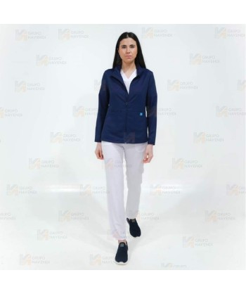 Chaqueta sanitaria de cuello alto en tejido de microfibra elástico para mujer, color Azul marino