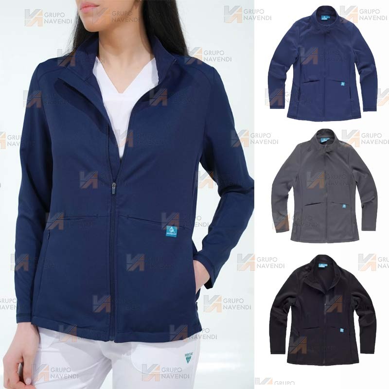 Chaqueta sanitaria de cuello alto en tejido de microfibra elástico para mujer, color Azul marino