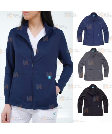 Chaqueta sanitaria de cuello alto en tejido de microfibra elástico para mujer, color Azul marino