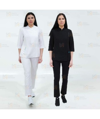 Casaca sanitaria cruzada y manga francesa para mujer color blanco y negro
