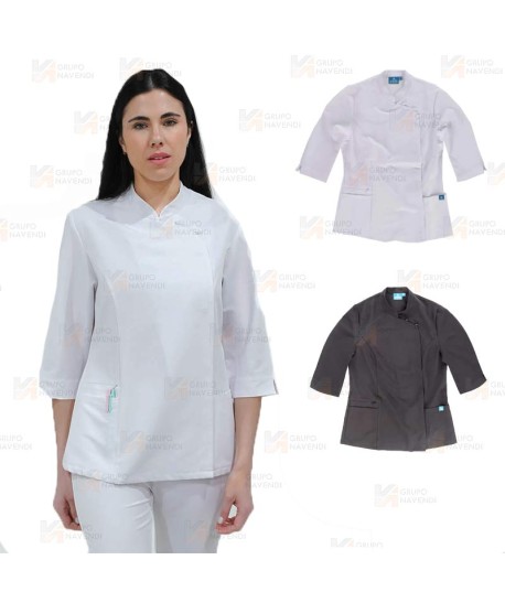 Casaca sanitaria cruzada y manga francesa para mujer color blanco y negro