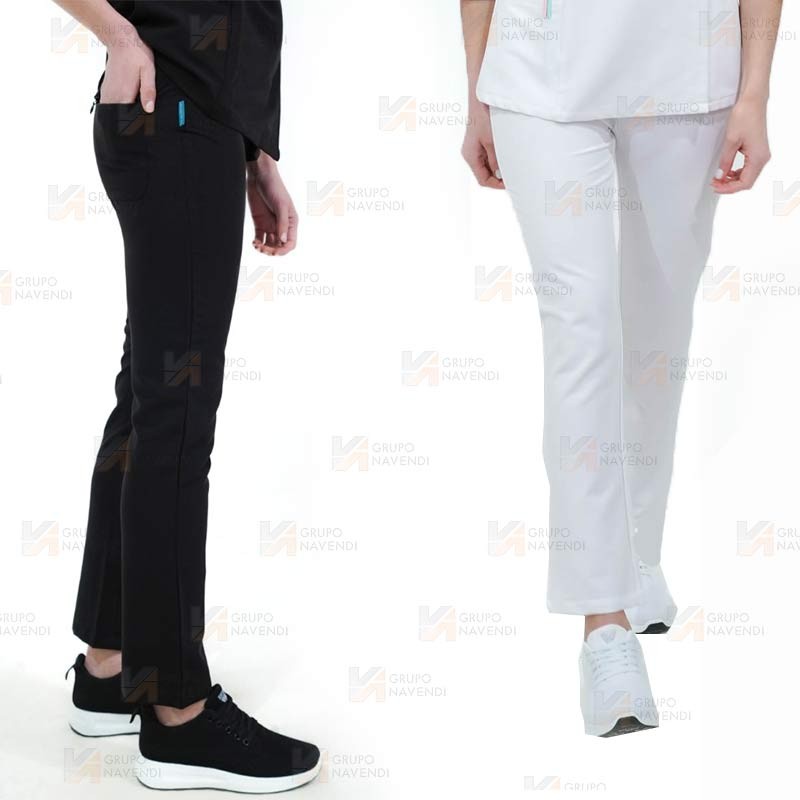 Pantalón sanitario en tejido elástico con cordón para mujer en color blanco y negro