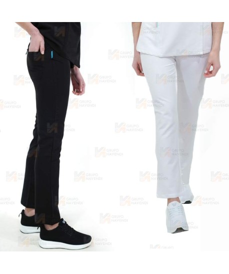 Pantalón sanitario en tejido elástico con cordón para mujer en color blanco y negro