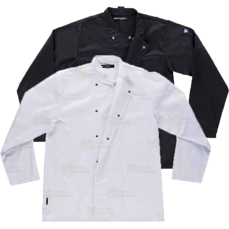 Chaqueta económica de cocina de manga larga con corchetes de color blanco y negro