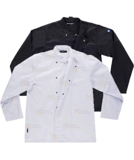 Chaqueta económica de cocina de manga larga con corchetes de color blanco y negro