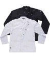 Chaqueta económica de cocina de manga larga con corchetes de color blanco y negro