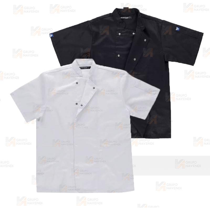Chaqueta económica de cocina de manga corta con corchetes de color blanco y negro