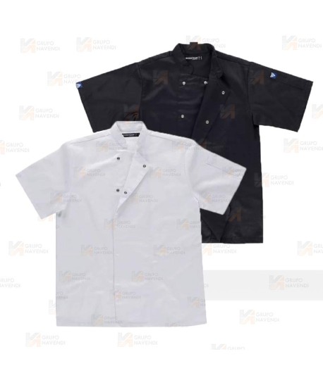 Chaqueta económica de cocina de manga corta con corchetes de color blanco y negro