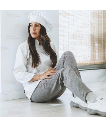 Chaqueta económica de cocina de manga larga con corchetes de color blanco