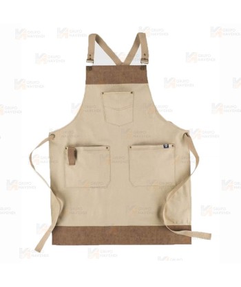 Delantal con peto en tejido canvas combinado con piel vegana color verde beige/marrón