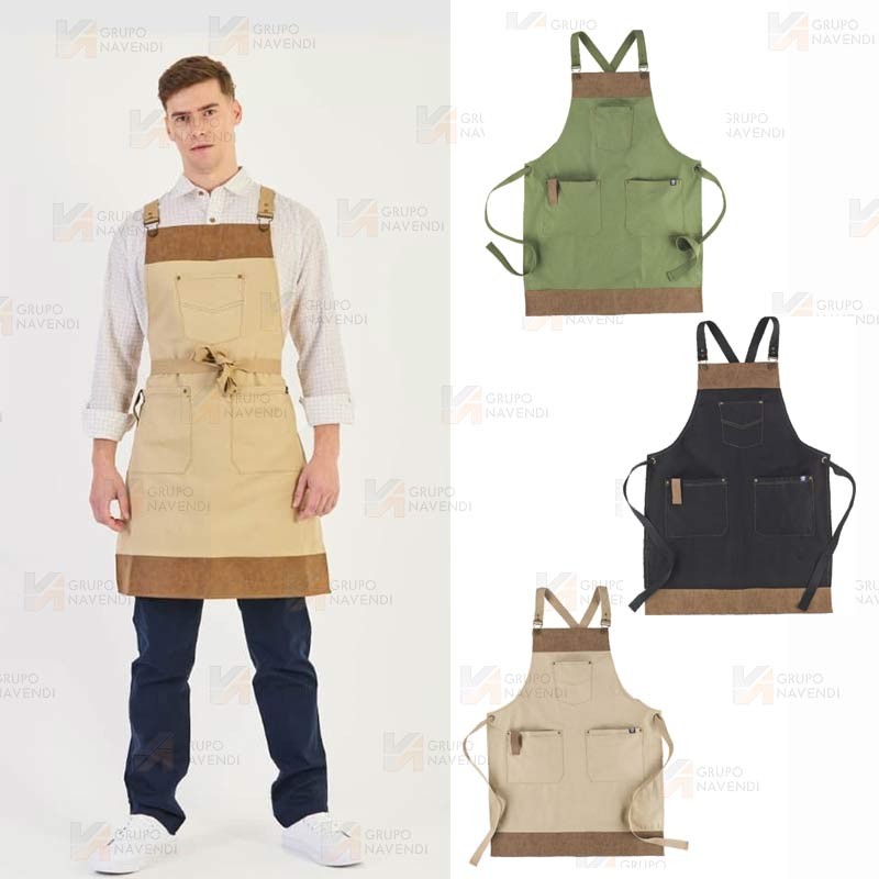 Delantal con peto en tejido canvas combinado con piel vegana color verde beige/marrón