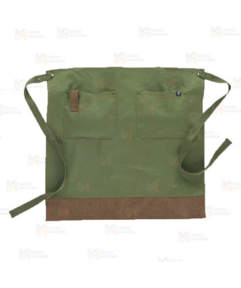 Delantal con peto en tejido canvas combinado con piel vegana color verde oliva/marrón