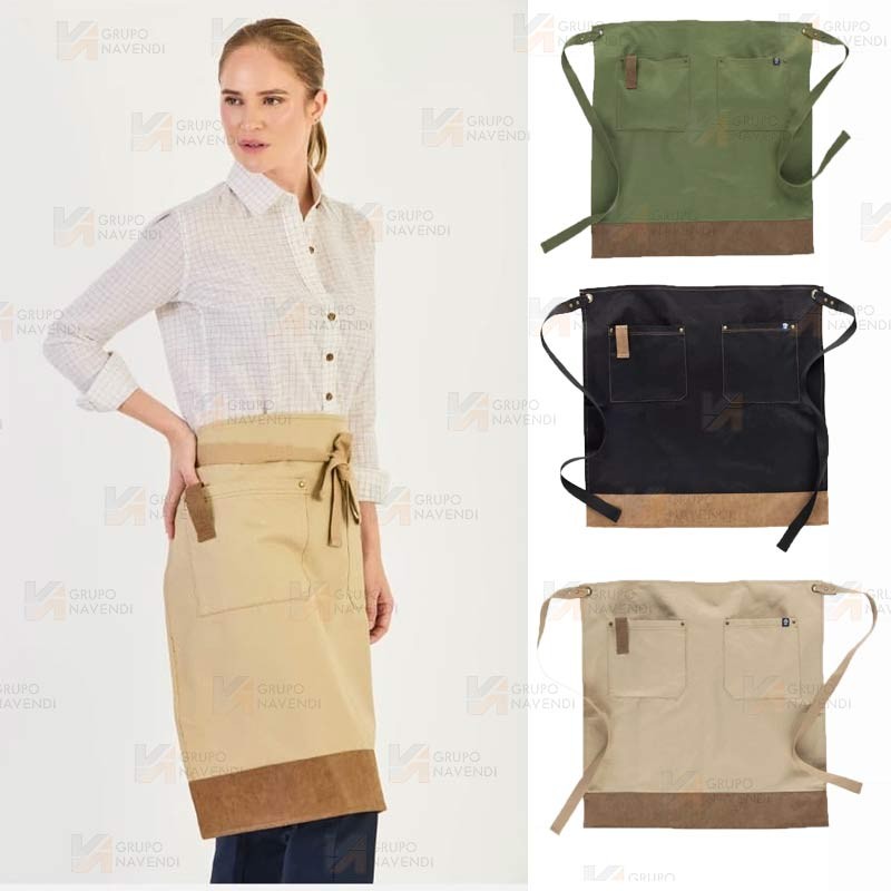 Delantal francés largo en tejido canvas combinado con piel vegana
